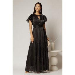 Rochie lunga neagra de ocazie din voal peliculizat cu decupaj si impletitura la decolteu