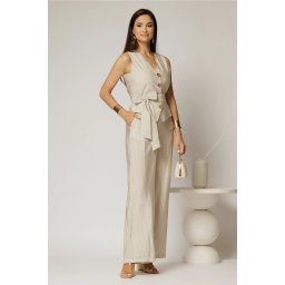 Pantaloni bej cu dungi din rayon cu croi lejer si cordon in talie
