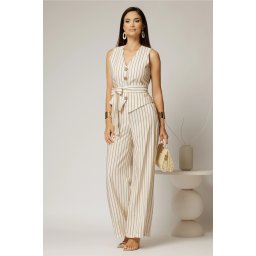 Pantaloni ivoar cu dungi din rayon cu croi lejer si cordon in talie