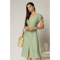 Rochie midi verde fistic din viscoza cu decolteu V si snur la maneci