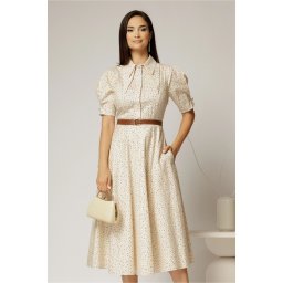 Rochie DY Fashion din poplin bej cu buline cu guler dublu si nasture la guler