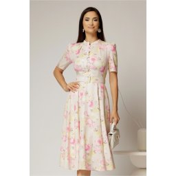 Rochie DY Fashion midi cu imprimeu roz in clos din triplu voal cu nasturi la bust si curea in talie