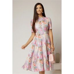 Rochie DY Fashion midi cu imprimeu lila in clos din triplu voal cu nasturi la bust si curea in talie