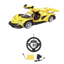 Masinuta de curse sport cu telecomanda tip volan, usi automate si acumulator, galben, 35 cm, +6 ani