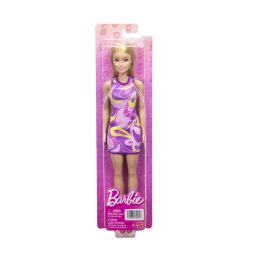 Papusa Barbie blonda cu rochie multicolora si sandale roz Mattel