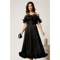 Rochie midi neagra in clos din voal satinat cu volanase la bust si la baza