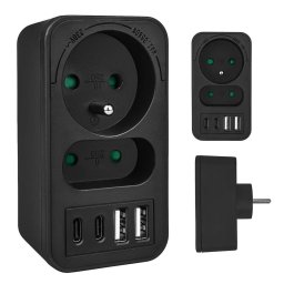 Priza de Curent Splitter MACLEAN MCE249 F/B cu 2 Prize 2x USB-A 2x USB-C PD 20W 1x16A + 1x6A Negru