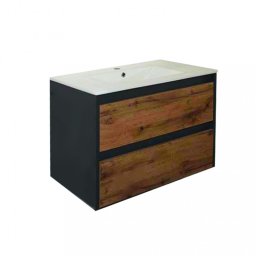 Masca chiuveta baie Leziter Porto 80 cu lavoar, suspendata, antracit-stejar rustic