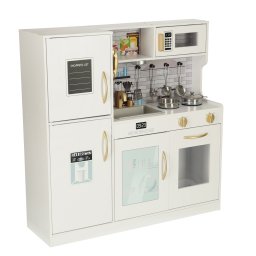 Bucatarie din lemn pentru copii cu frigider si accesorii, alba, 80x24x80 cm