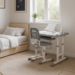 Set birou reglabil pentru copii cu scaun ergonomic, lampa LED USB, blat inclinabil, suport carti si organizator, 70 x 51 cm, culoare gri/alb, pentru scolari si prescolari FAVLine Selection
