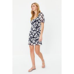 Trendyol Navy Floral A-line Chiffon Mini Lined Woven Dress