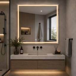 Oglinda LED pentru baie WAMOSK 90x70 cm, aurie, cu dezaburire si ceas