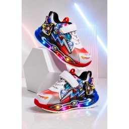 Adidasi cu lumini LED, Model Super Erou, Baieti, Piele ecologica, cu elemente 3D, Multicolori