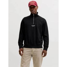 Jack & Jones Bluza barbati, cu guler inalt si fermoar la baza gatului, din amestec de bumbac, Relaxed Fit, Negru (SELECTATI MARIMEA: M)