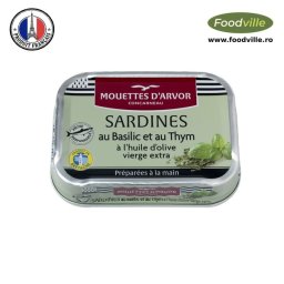 Mouttes d'Arvor Conserva sardine franțuzești cu busuioc si cimbru in ulei de masline Extra Virgin 115 gr