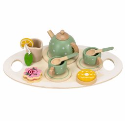 Set de ceai din lemn pentru copii, 14 piese, cu tava inclusa, multicolor