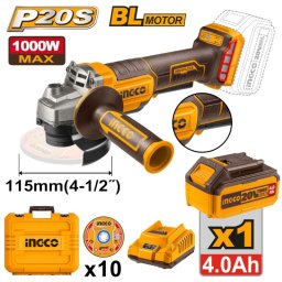 Flex unghiular INGCO CAGLI2111561E, 20V, Brushless, 115mm, 1000W, 3 trepte viteza, maner anti-vibratii, platforma P20S, 1 acumulator 4Ah, incarcator, 10 discuri si cutie transport