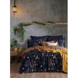 Set husa pilota + fata de perna, satin bumbac 100%, 155x220 cm + 80x80 cm, lavabil 40°C, albastru inchis/auriu - Verificat A · Re-Bloom