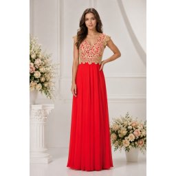 Rochie lunga de seara nuanta rosie cu aplicatii de dantela aurie (Marime: 44, Culoare: ROSU-AURIU)