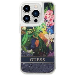 Husa Guess Flower Liquid Glitter compatibila cu iPhone 14 Pro Max, Albastru