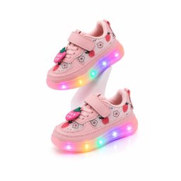 Pantofi sport cu lumini LED, model cu capsuni, Fete, Piele ecologica si textil, roz