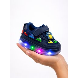 Pantofi sport cu lumini LED, Model Masinute, piele ecologica si textil, Baieti, Bleumarin