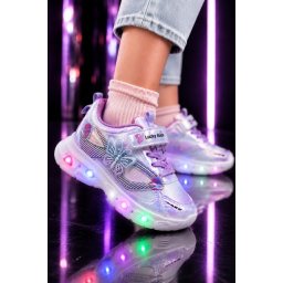 Pantofi sport cu lumini LED, Model Fluture, Piele ecologica, Fete, Mov