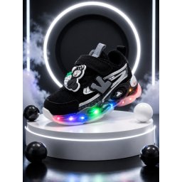 Pantofi sport cu lumini LED, Model accesoriu cu ursulet, Piele ecologica, Negru