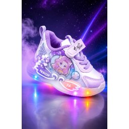 Pantofi cu luminite LED, Model Papusica cu invartitoare, Piele ecologica, Fete, Mov