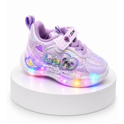 Pantofi sport cu lumini LED, Model Shine, Piele ecologica, Fete, Mov