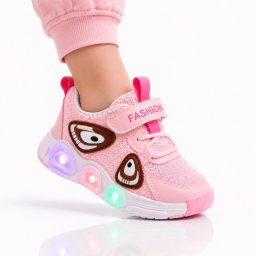 Pantofi sport cu lumini LED, Model Super Panda, Textil, Fete, Roz