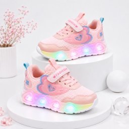 Pantofi sport cu lumini LED, Model Pink Heart, Textil, Fete, Roz