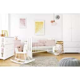 Set mobilier camera bebelusi Klups Paula alb cu patut, comoda, dulap si saltea