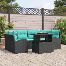 Set de canapele pentru gradina cu perna 7 pcs Negru si Turcoaz GartenMobel Dekor