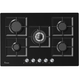 Plita FBH-M705IWF-GBK, Gaz, 5 arzatoare, Gratar fonta, Wok, Aprindere electrica, Dispozitiv de siguranta, 75 cm, Sticla neagra