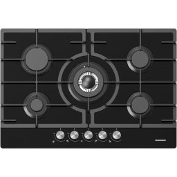 Plita Plita pe Gaz Incorporabila 5 Arzatoare 75 cm Negru, Sistem Siguranta Gaz, Arzator WOK, Grilaje Fonta, Duze GPL Incluse