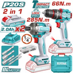 TOTAL - KIT COMBO - 20V - MASINA DE GAURIT CU IMPACT, MASINA DE INSURUBAT CU IMPACT (INCLUDE 2 ACUMU