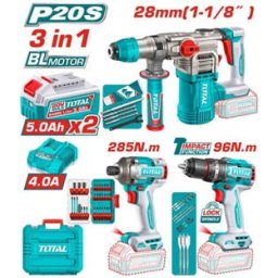 TOTAL - KIT COMBO 20V - CIOCAN ROTOPERCUTOR, MASINA DE GAURIT CU IMPACT, MASINA DE INSURUBAT (INCLUD