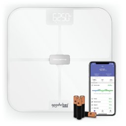 Cantar inteligent Goodvibes Sport BM9740F0 17 indicatori de masurare greutate maxima 200 kg sincronizare cu aplicatia Google Fit Apple Health si/sau Fitbit sticla securizata tratata termic ecran LCD 4 baterii incluse Alb