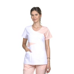 OUTLET Halat medical Luiza, alb cu piersica, cambrat si doua buzunare aplicate