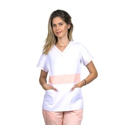 OUTLET Halat medical dama alb cu piersica, model Sofia