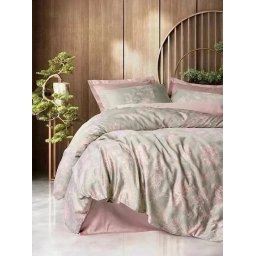 Set husa pilota + fata de perna, satin bumbac 100%, 135x200 cm + 80x80 cm, roz/gri - Verificat A · Re-Bloom