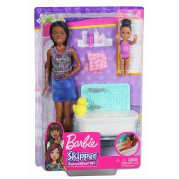 Papusa Barbie mamica bruneta cu bebelus si accesorii de baie