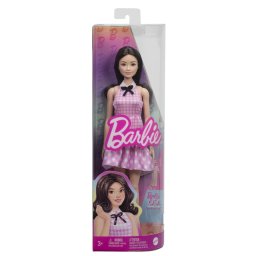Papusa Barbie Fashionistas bruneta cu rochie roz in carouri