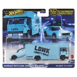 Hot Wheels Fleet Flyer cu Nissan Skyline 2000 GT-R LBWK, scara 1:64