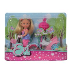 Papusica Evi cu bicicleta, trailer si catelus, 12 cm