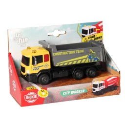 Camion de constructii Dickie Toys City Worker cu lumini si sunete, galben, 17 cm