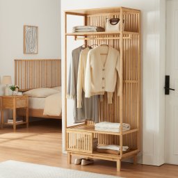 Cuier garderoba din bambus Ypäjä 187x80x47 cm cu bara si polite