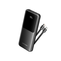 POWER BANK Vention 10.000 mAh, 22.5W PD 20W, QC, 1x USB-C, 2x USB-A, 1x micro USB (doar pt incarcare), cablu Ligtning si USB-C integrate, afisaj LED, cablu Lightning si USB-C integrate, 314g, negru