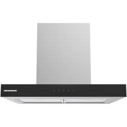 Hota decorativa Heinner HDCH-MD60TIX, 60cm, design "t-shape", 800 m³/h, 4 trepte de viteza, motor: 1 x 250w, lumina led: 2 x 1.5w, 2 filtre aluminiu, control touch, senzor miscare, diametru tub evacuare: 150mm, Inox+Sticla Neagra